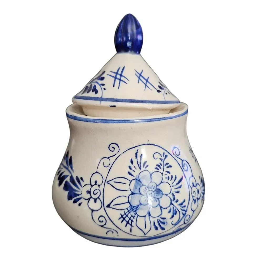 Vintage Delft Blue Holland Hand Painted Sugar Bowl Windmill Floral Lidded Jar